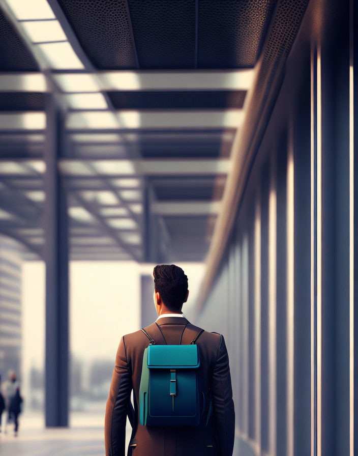 Person in Suit Walking Through Modern Corridor with Blurred Figures