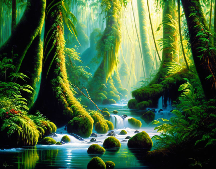 Tranquil forest scene with serene stream, moss-covered rocks, sunlight, and lush greenery