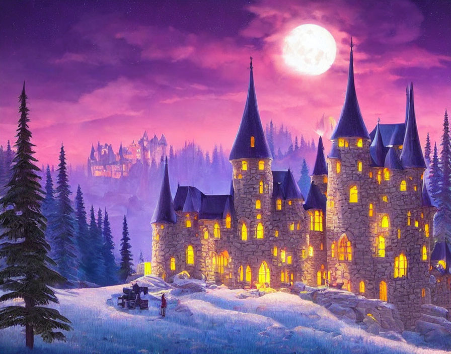 Snowy landscape with illuminated castle windows under full moon