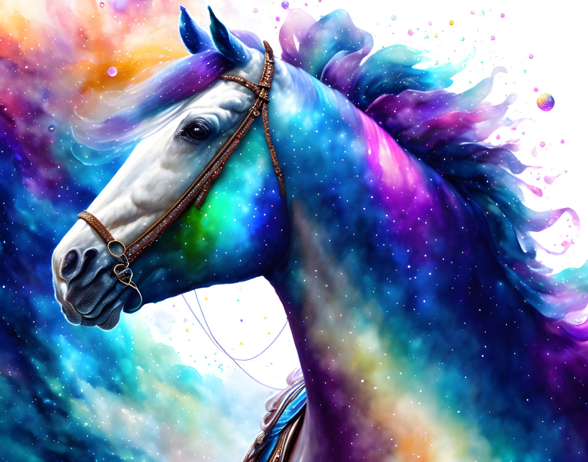 Vibrant horse illustration with cosmic mane on nebula background