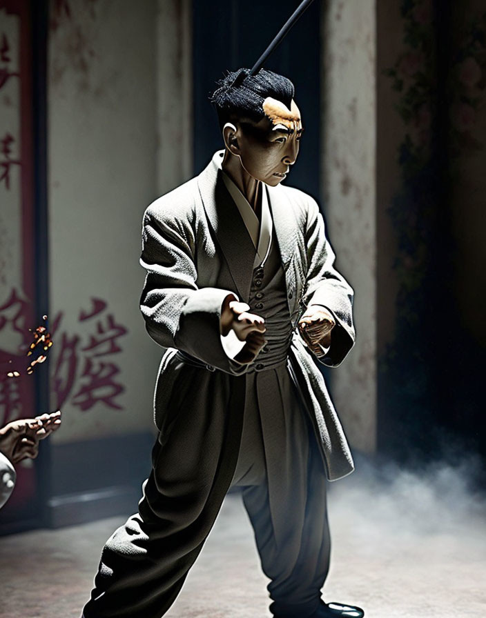 Traditional martial artist in dynamic pose with dramatic lighting and smoke effects