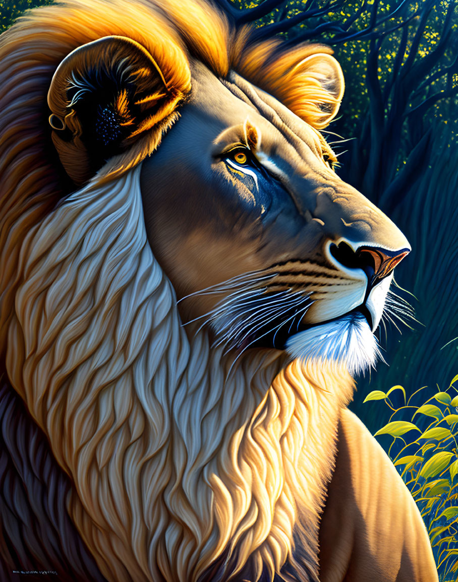 Detailed Mane Lion Digital Painting in Vibrant Setting