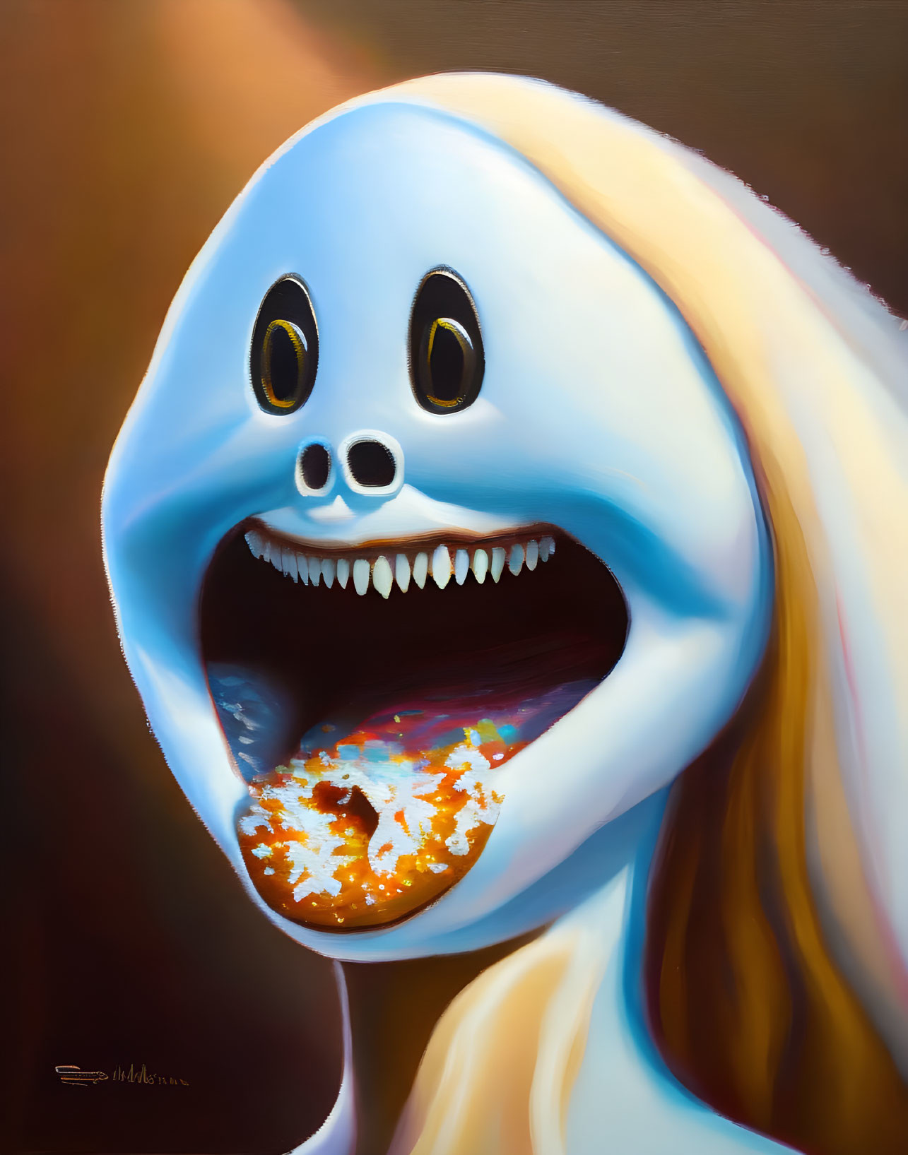 Cartoonish ghost-like figure eating sprinkled donut