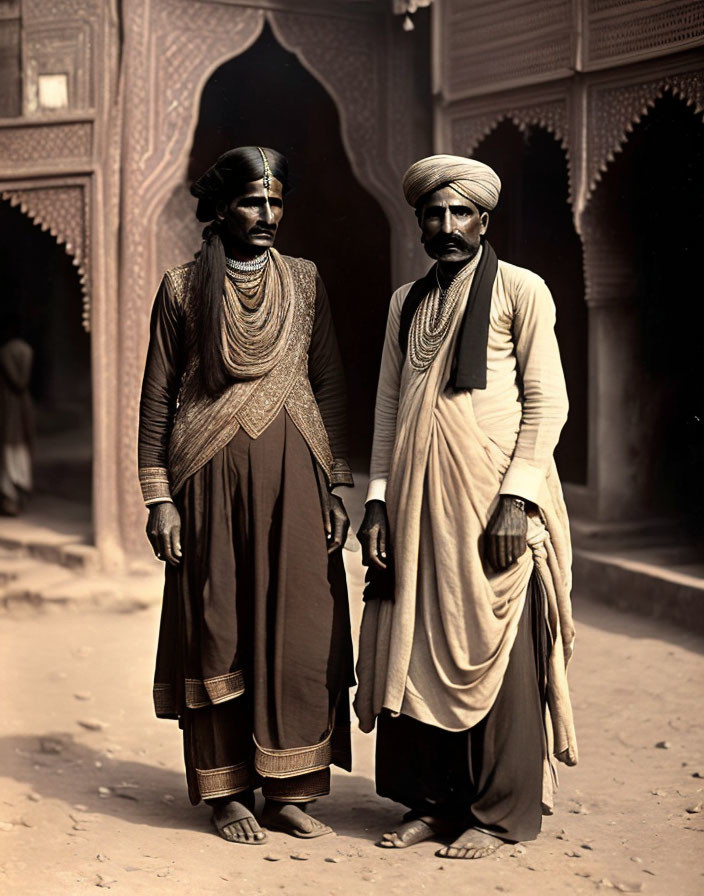 Men in traditional attire standing in ornate archway, one in turban, other in headwrap