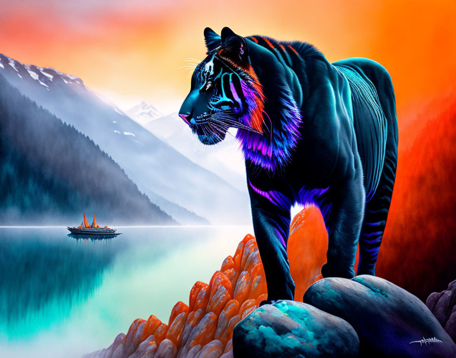 Neon-lit tiger on rocky outcrop by serene lake