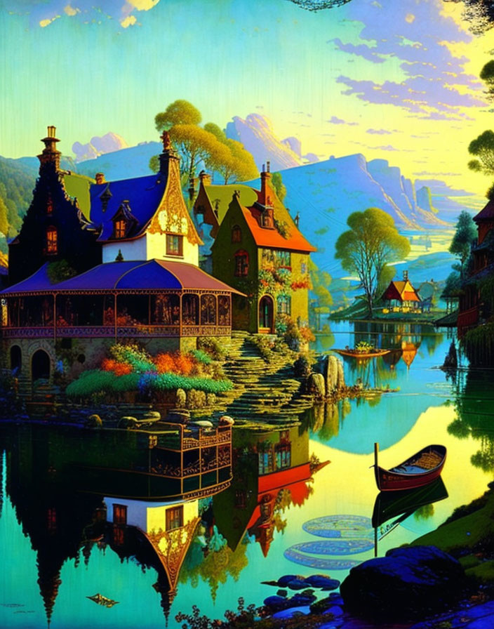 Serene lakeside village painting with colorful houses & boat