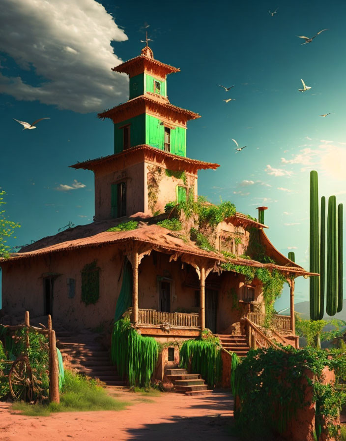 Multi-level desert house with terracotta walls and cacti in clear blue sky