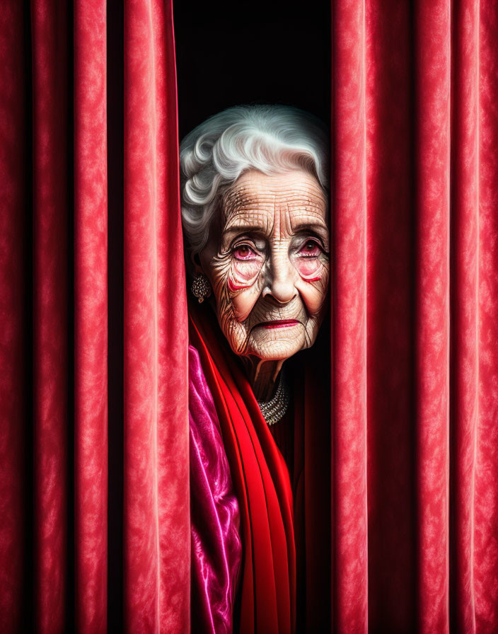 Elderly woman with white hair and piercing eyes in vibrant red curtains