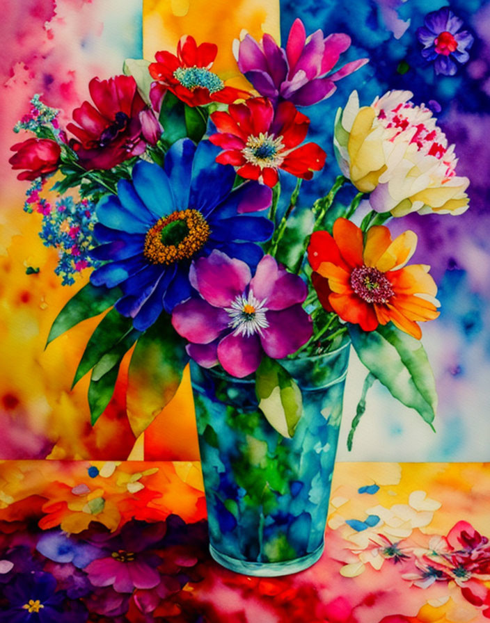 Colorful Flowers in Glass Vase Watercolor Painting