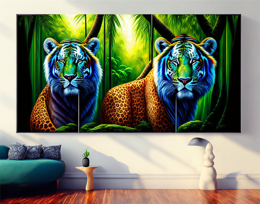 Blue-green tigers wall art in jungle setting above gray couch