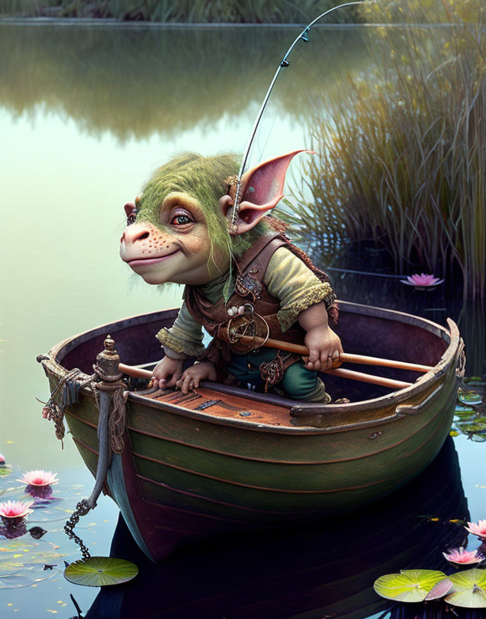 Illustration of goblin-like creature fishing in boat on tranquil pond