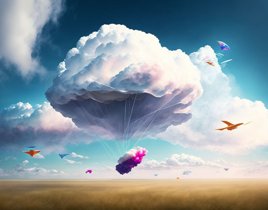 Colorful Whimsical Landscape with Cloud Hot Air Balloon, Paper Planes, and Birds