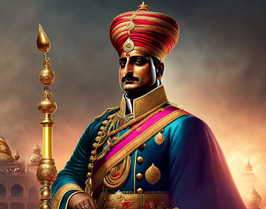 Regal man in traditional Indian attire with turban and spear