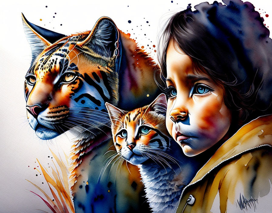 Colorful artwork blending child's face with tiger and housecat features