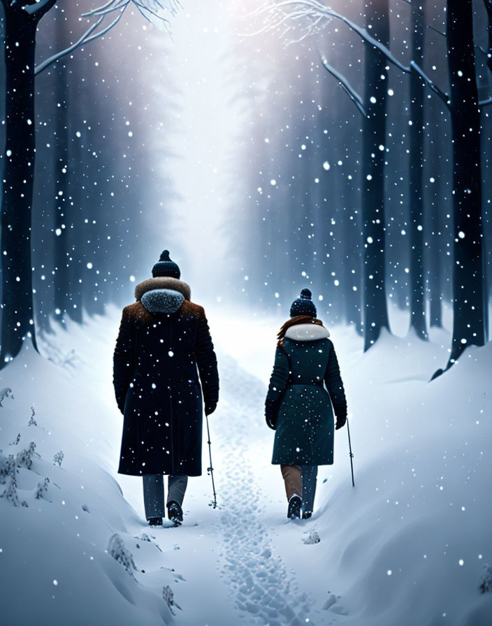 Winter scene: Two people in coats and hats walking on snowy forest path