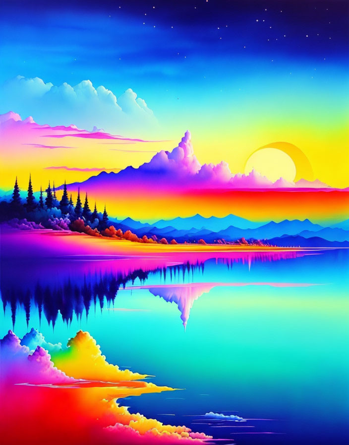 Colorful Sunset Over Mountain Range and Lake at Night