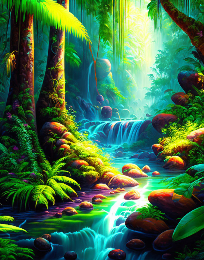 Lush Jungle Scene with Cascading Stream and Sunbeams