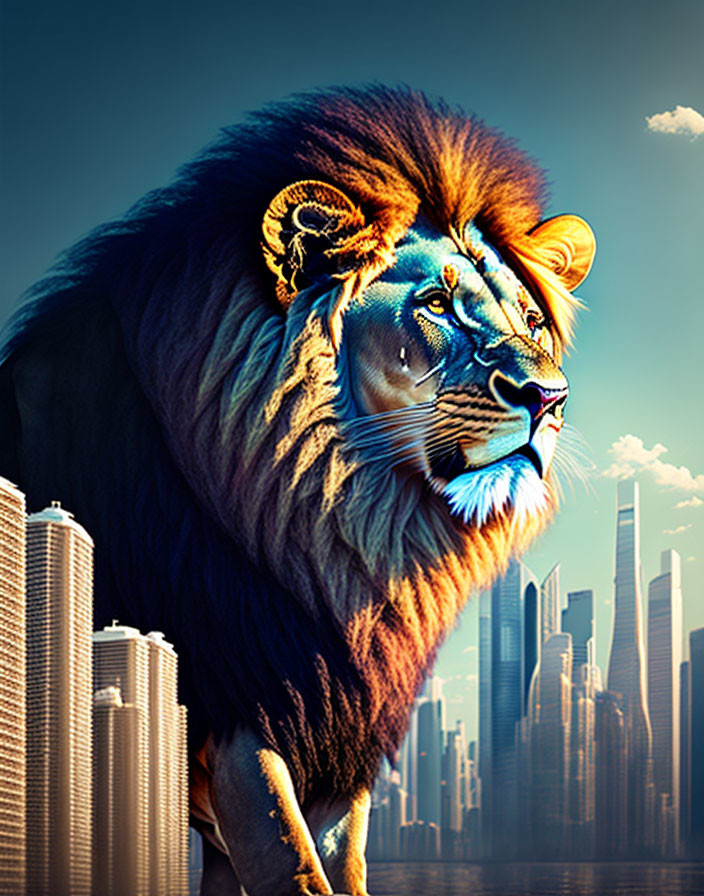 Majestic lion with vibrant mane overlooking cityscape from skyscraper