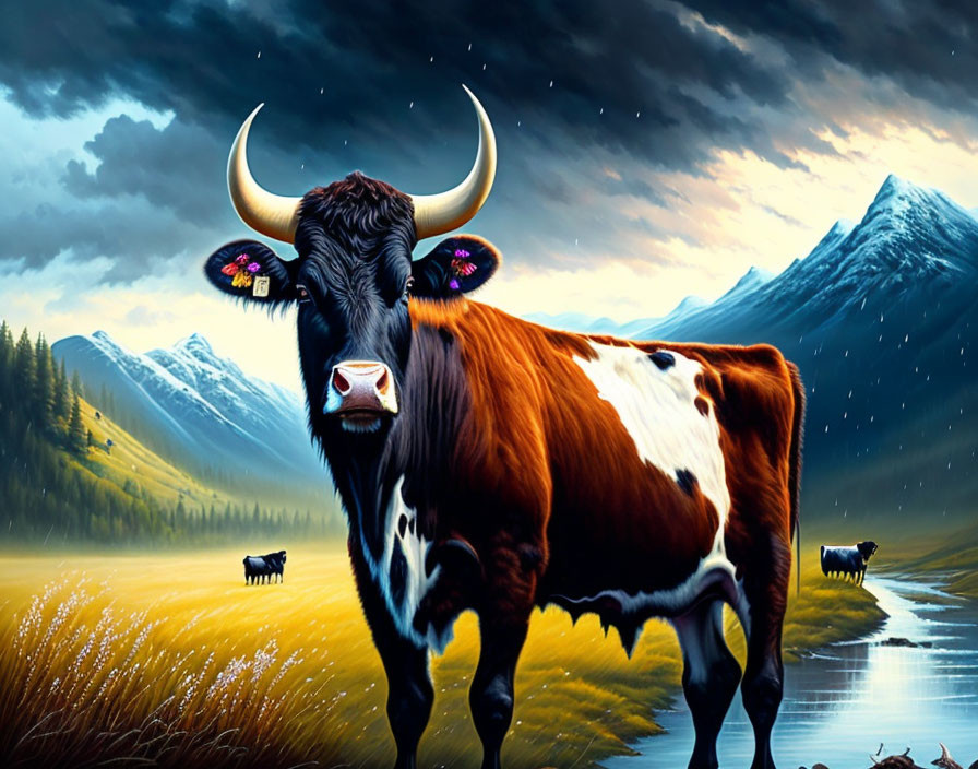 Majestic bull with large horns in lush meadow with mountains and dramatic sky.