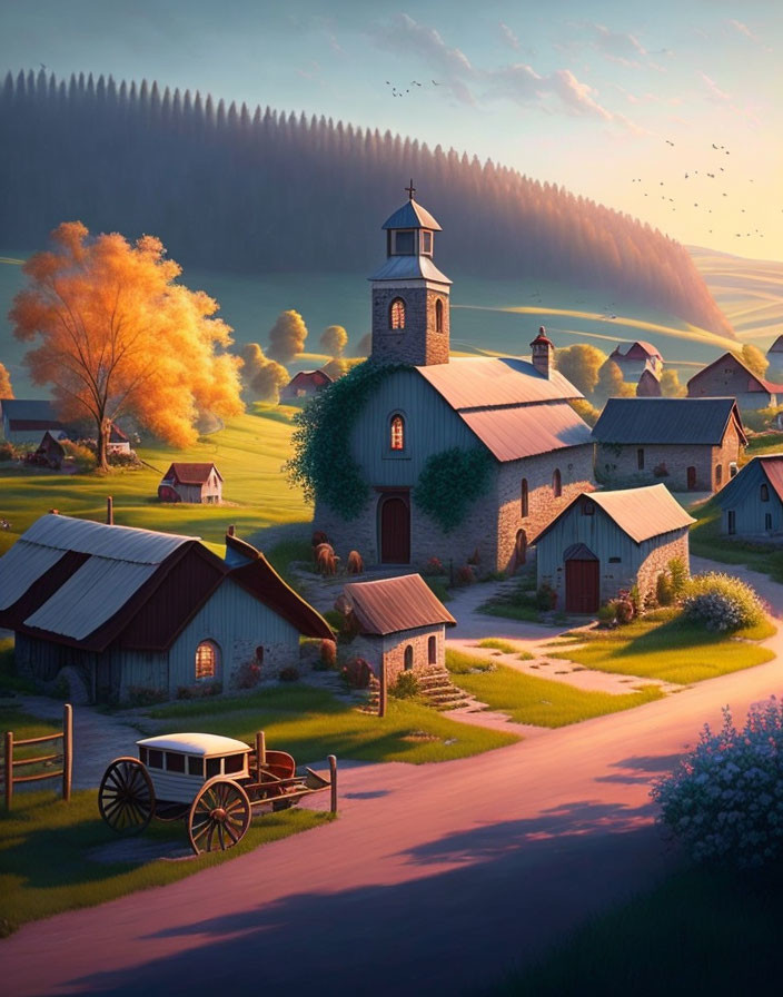 Scenic sunset village with church, houses, trees, cart, hills, and forest