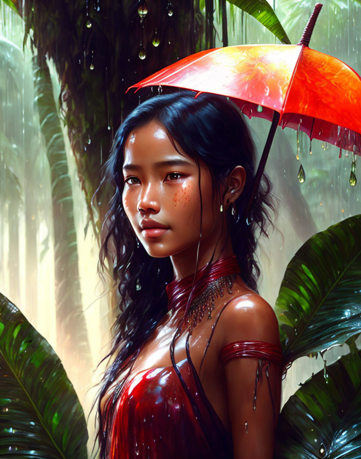 Digital Artwork: Young Woman with Red Umbrella in Rainy Jungle