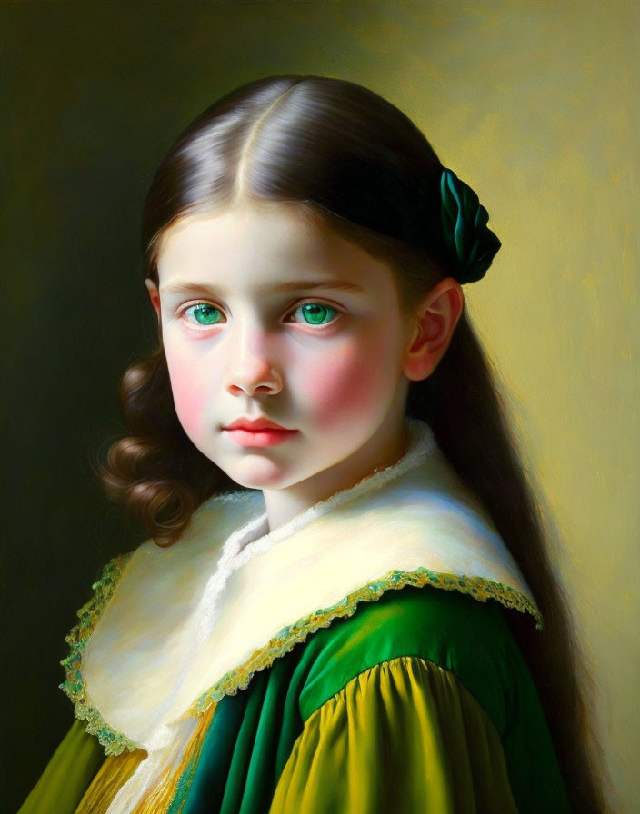 Young girl portrait with long brown hair and green dress