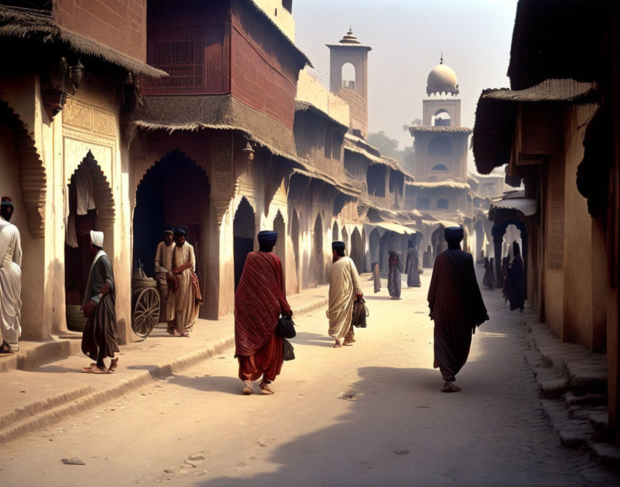 Traditional Middle Eastern town street with people in attire, arched doorways, and ornate woodwork