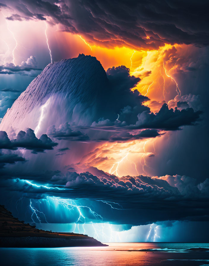 Dramatic sea thunderstorm with lightning strikes and glowing sunset