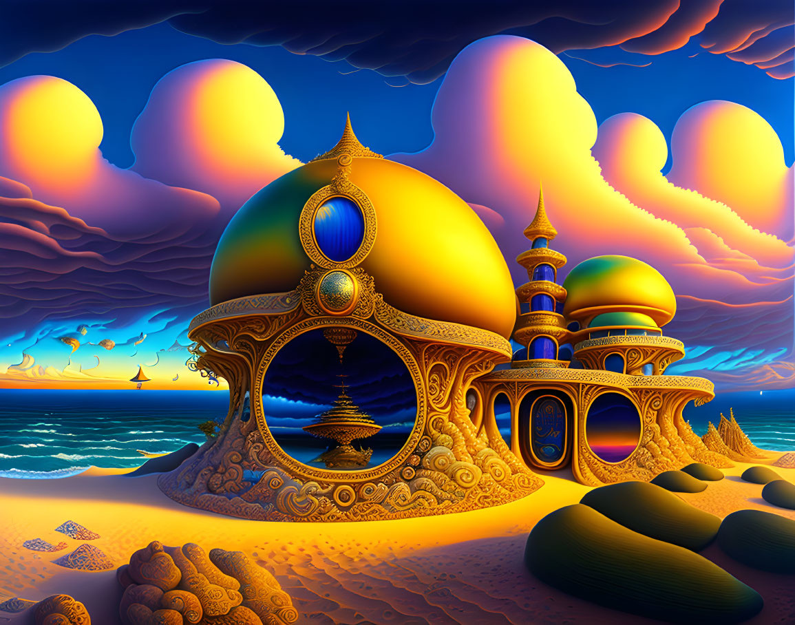 Surreal golden palace on sandy beach under colorful sky