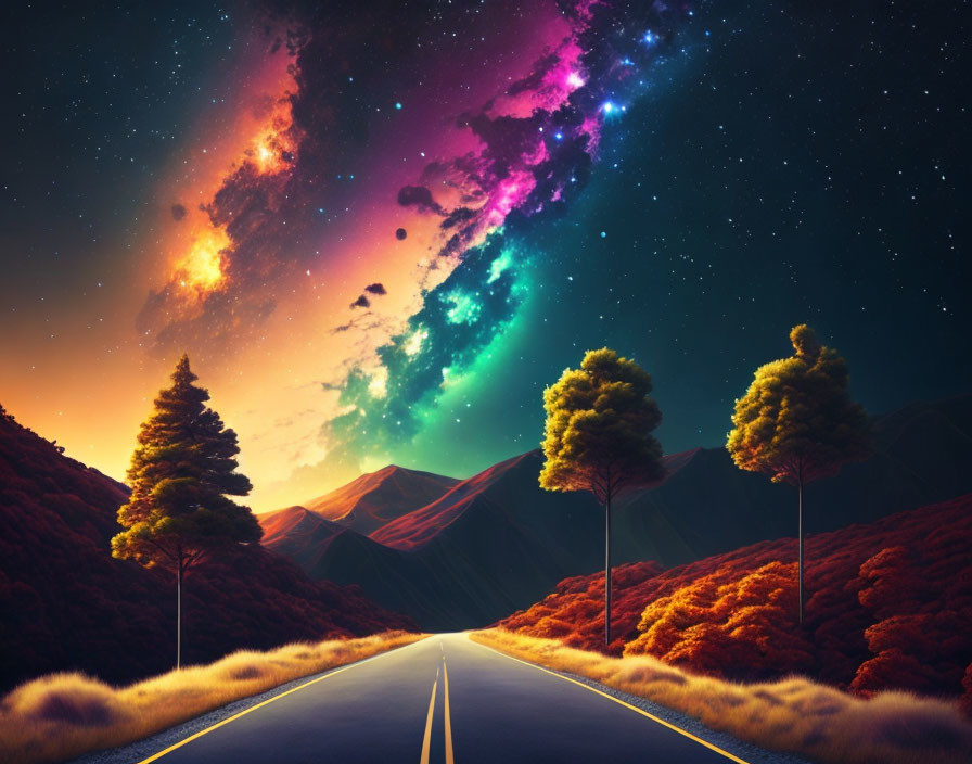 Scenic road through orange-leafed trees under vibrant starry sky