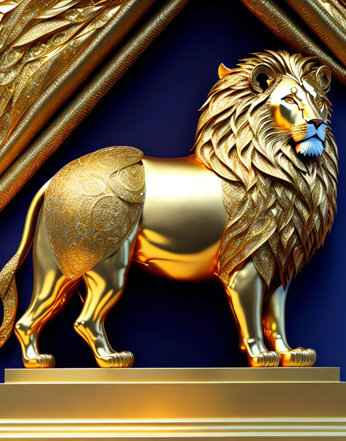 Intricately patterned golden lion statue on blue background