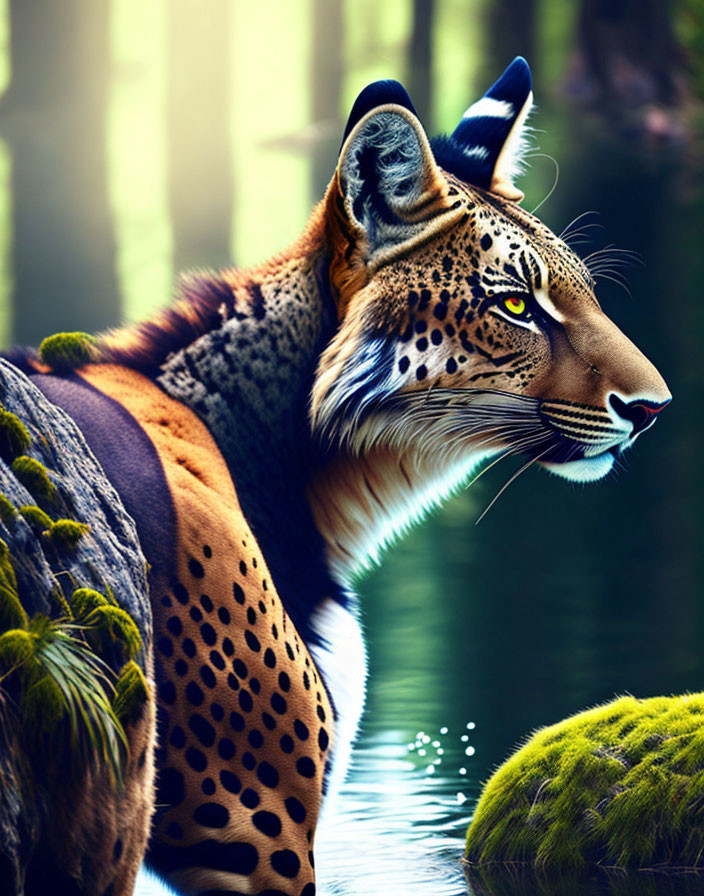 Digital artwork: Big cat-human hybrid with blue eyes in mystical forest