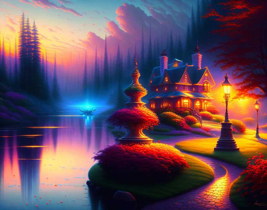 Fantastical sunset landscape with glowing cottage by lake