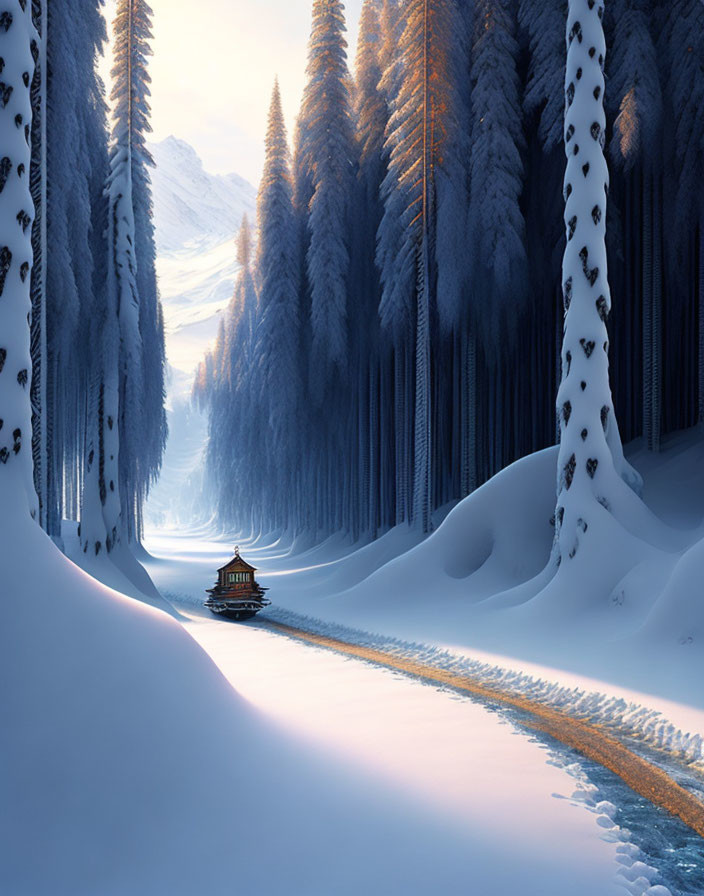 Winter cabin nestled among snow-laden pine trees in golden sunlight