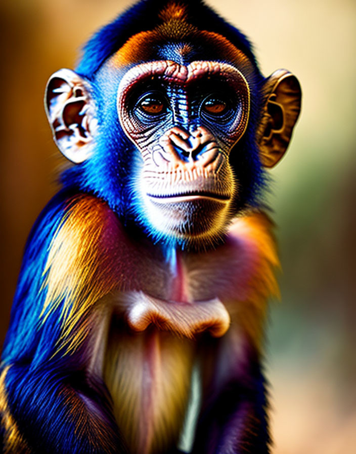 Vividly colored young monkey on blurred background