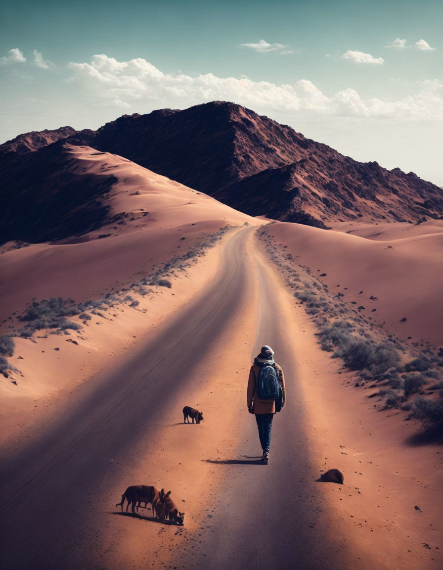 Person with backpack walking sandy road with dogs under vast sky