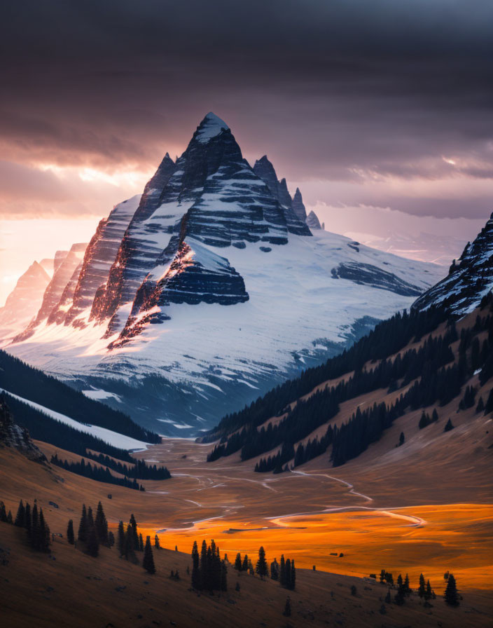 Snowy mountain peak under dramatic sunset sky above golden river valley.