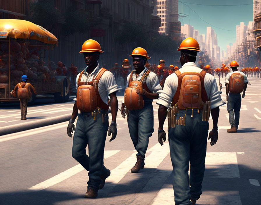 Construction workers in hard hats and overalls walking with tools on city street.