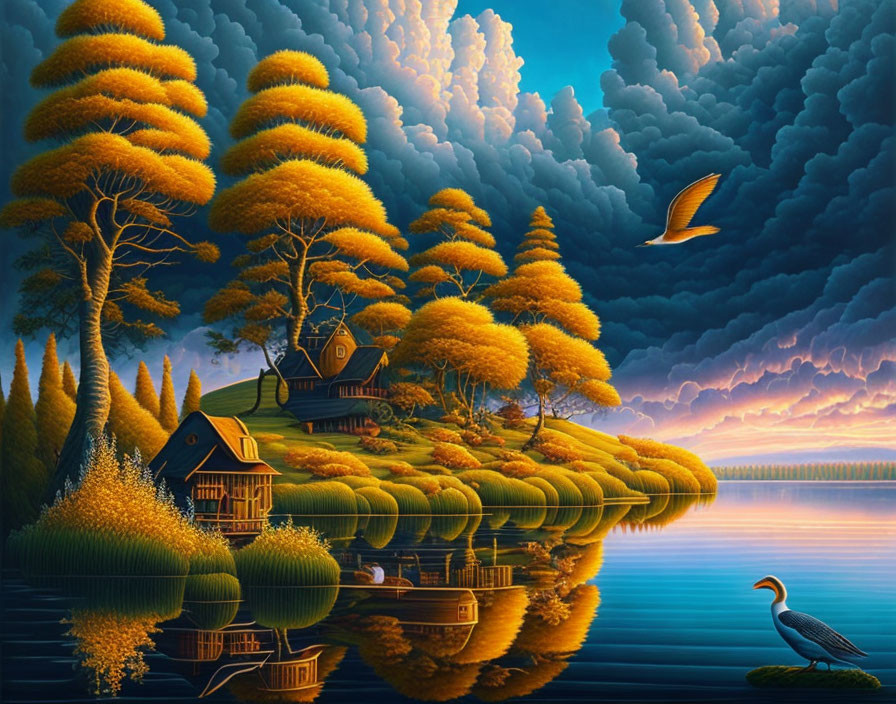 Golden trees, reflective lake, cottages, bird, stork in dramatic landscape