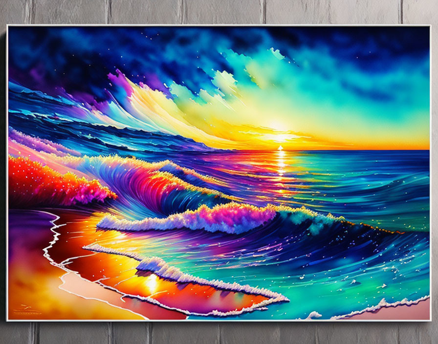 Colorful Surreal Seascape Painting with Waves, Sunset, and Starry Sky