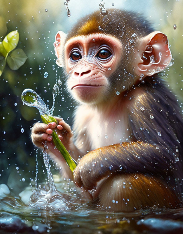 Young monkey holding stem with water droplets - nature background