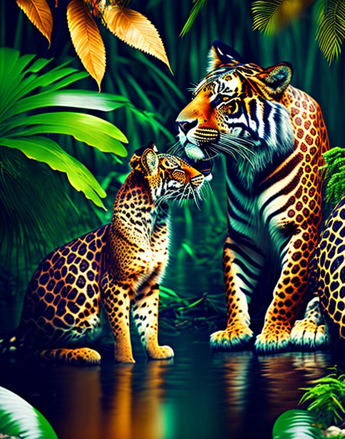 Colorful Tiger and Leopard in Lush Jungle with Palm Fronds