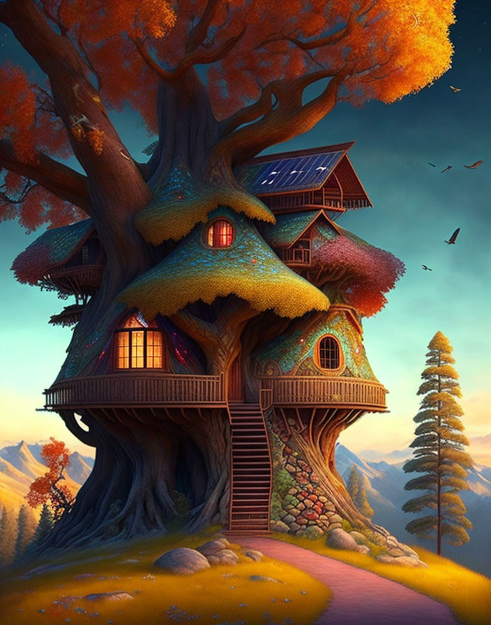 Multi-level treehouse with solar panel in giant tree, autumn foliage, mountain landscape at sunset