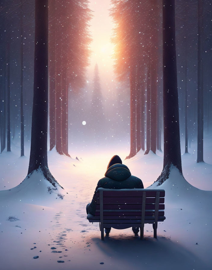 Person sitting on snowy forest bench watching sunset over snow-covered trees