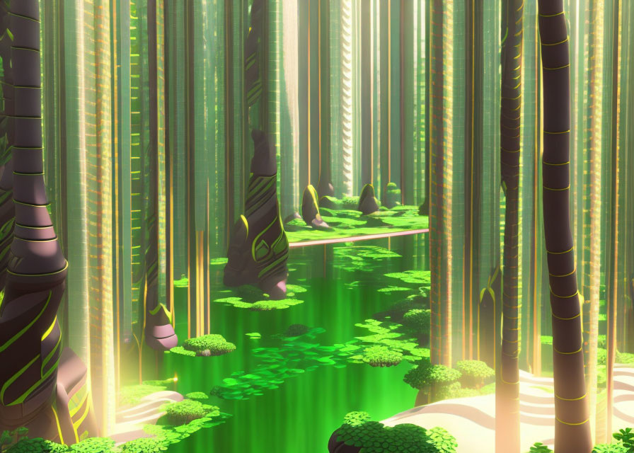 Tranquil sunlit bamboo forest with green pond and moss-covered rocks