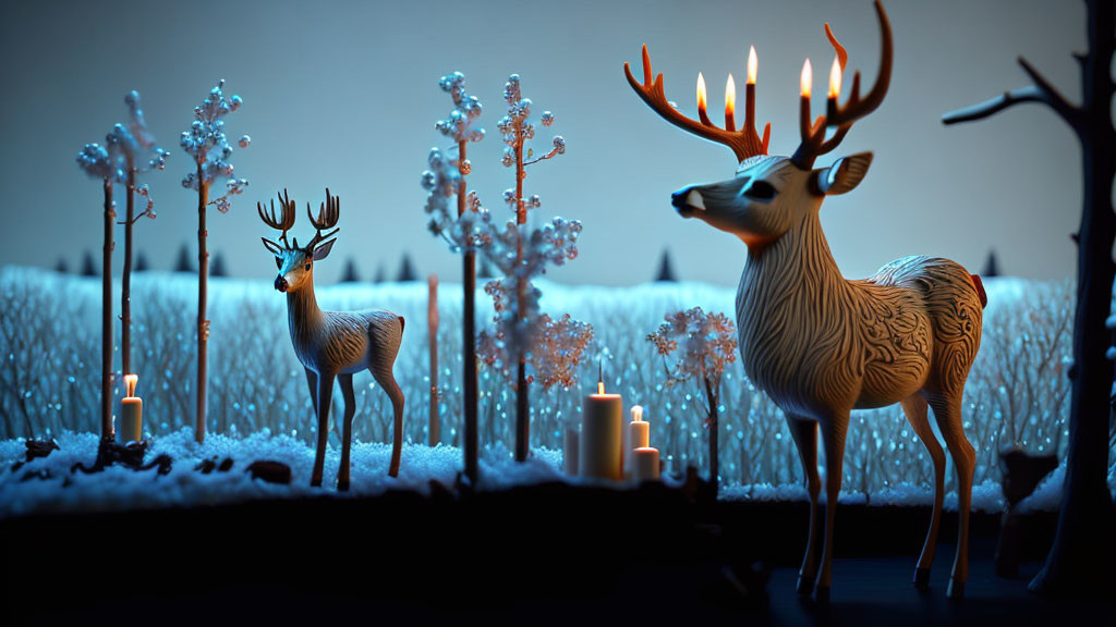 Digital Art: Stylized deer in snowy twilight landscape with glowing candles on antlers
