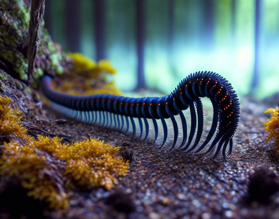 Colorful millipede on forest floor with moss and aged wood textures