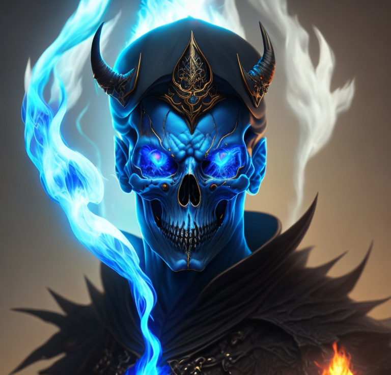 Skull with Glowing Blue Eyes and Horns Wearing Ornate Crown and Ethereal Flames