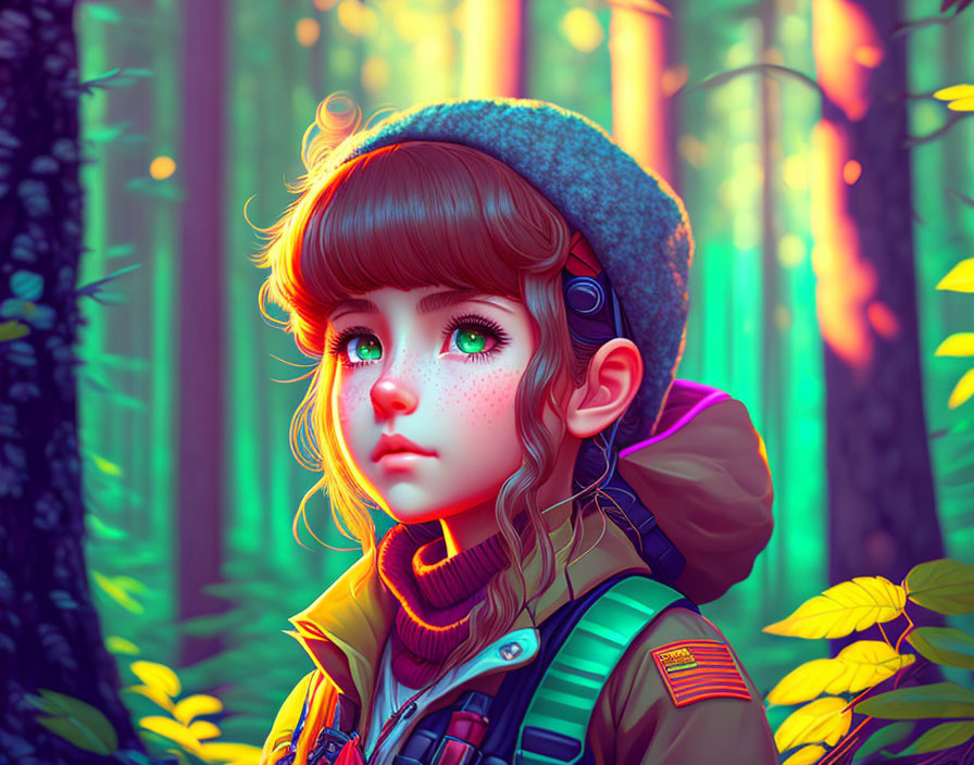 Young girl with green eyes in beret and headphones in enchanted forest.