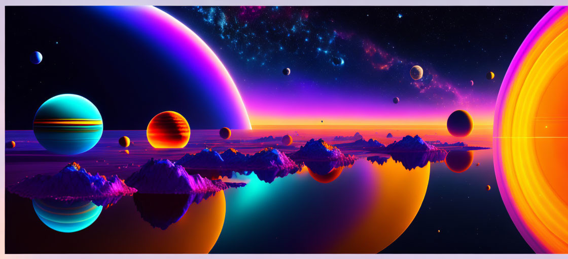 Colorful Sci-Fi Landscape with Multiple Planets and Floating Islands